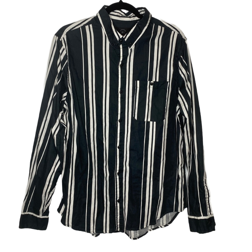 Men’s 1991 Cotton On Black Collared Button Down White Striped Long Sleeve Shirt